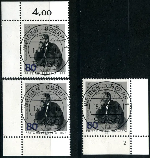 Bund Eckrand "Fritz Reuter", 3 verschiedene Varianten, Formnummer 2, MiNr 1263