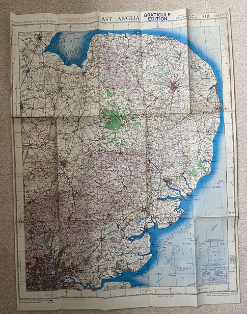ORIGINAL 1943 WW2 RAF War Office map of East Anglia Norwich & London £ ...