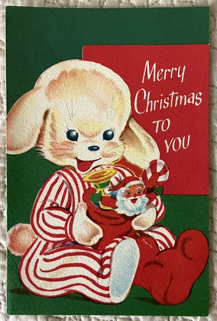 Vintage Christmas Dog Puppy Striped PJs Hold Toy Santa Greeting Card 1960s 1970s