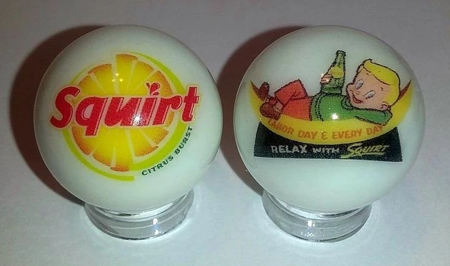 Set of 2 Charming Squirt Soda Pop 1" Glass Marble With Stands