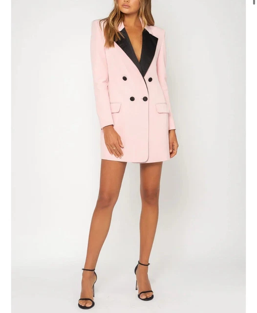 house of cb pink blazer dress JUDE SHAWL LAPEL LONG SLEEVE FRONT PLEAT BUTTON DETAIL SATIN BLAZER MINI DRESS