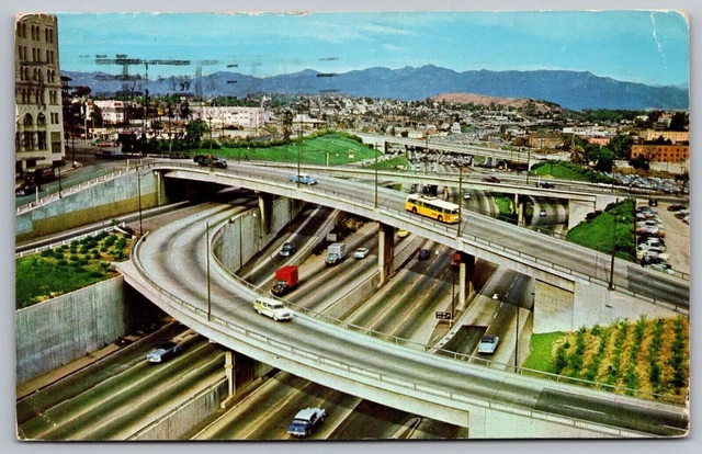 Los Angeles California Harbor Freeway Aerial View Chrome Cancel WOB Postcard