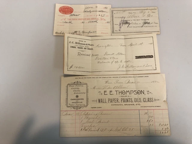 4 Antique Texas Paper Receipts On Business Letter Heads, 1892-93, Waco Texas