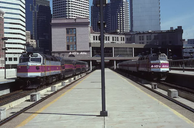 Orig slide MBTA Bay Transit EMD F40PH-3C 1056 1073 So Station Boston MA 1990