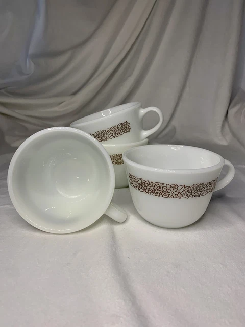 Vintage Pyrex Woodland Brown Floral Milk Glass Coffee/Tea Cups Set of 4