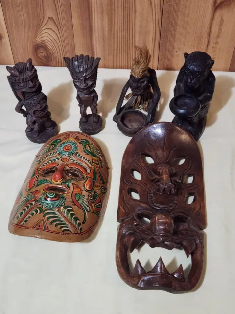 Vintage Hand Carved Wooden Bakunawa Dragon Mask, Mexican Opera Mask & Tiki...