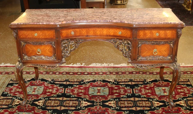 French Louis XV Style Marble Top Kingwood Inlaid Vanity Circa 1920's