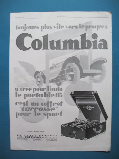 Publicite De Presse Columbia Portable 113 Pour L'auto Illustration Erny Ad 1928