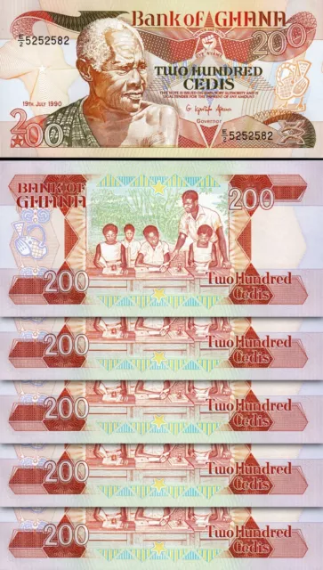 Ghana 200 Cedis 1990, UNC, 5 Pcs LOT, Consecutive, P-27b