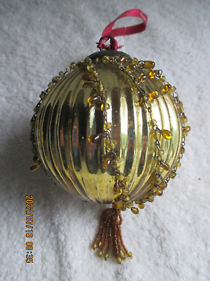 Mikasa Metal Gold Tone Christmas Ball Ornament Glass Beads Yellow w/Amber Tassel