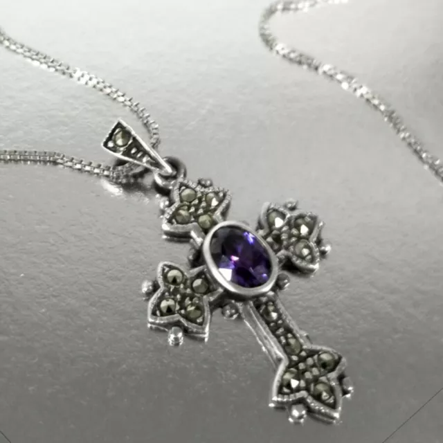 Vintage Silver Marcasite Amethyst Cross Pendant Necklace