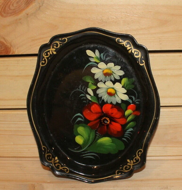 Grand plateau Russe tôle émaillée fleurs peint main ex URSS - Décoration Grand plateau Russe tôle émaillée fleurs peint main ex URSS - Décoration