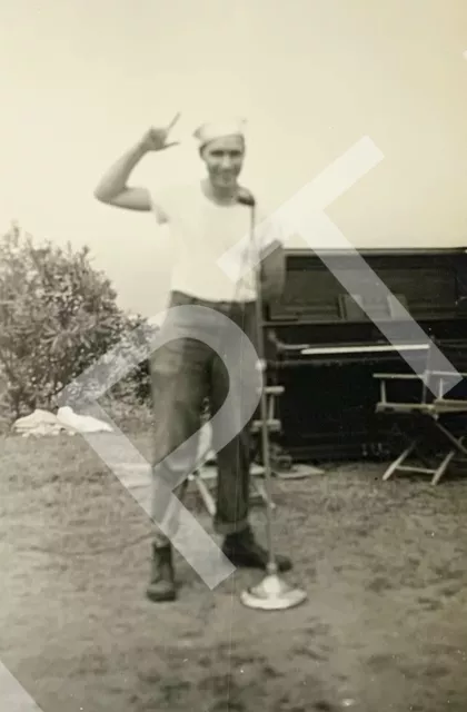 Vtg Photo Handsome Young Man Navy Sailor In Front Of Microphone 1940s