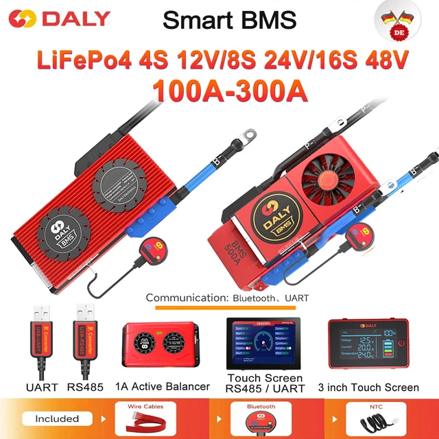 DALY BMS 12V 4S 100A LiFePO4 - Scheda di protezione della batteria Bluetooth intelligente per pacco batteria al litio da 12 volt per batteria per camper, stazione di alimentazione portatile