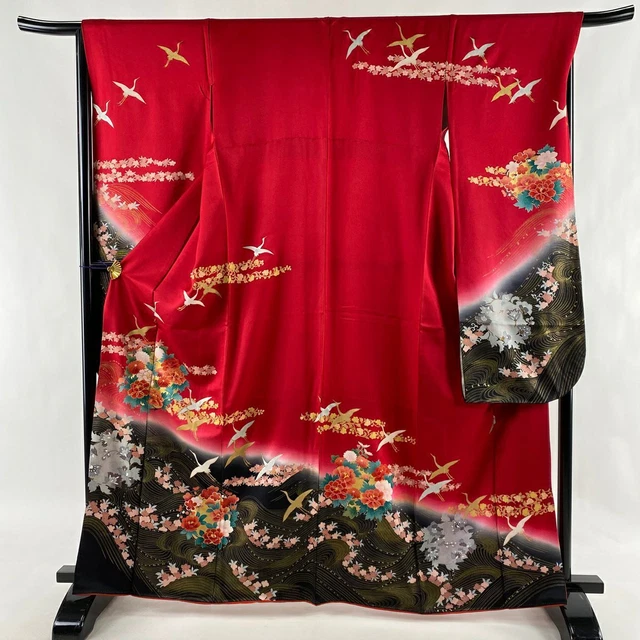 Vintage Silk Furisode Kimono M Size Red Black Crane Flower Japan