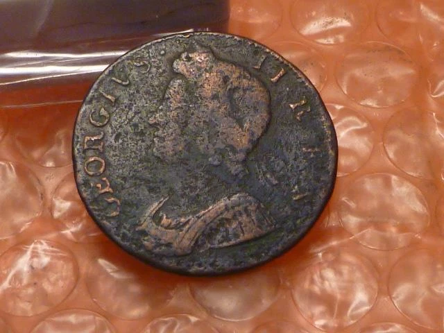 Original 1733 George II Colonial Times Halfpenny Type I Helmet Head #AC
