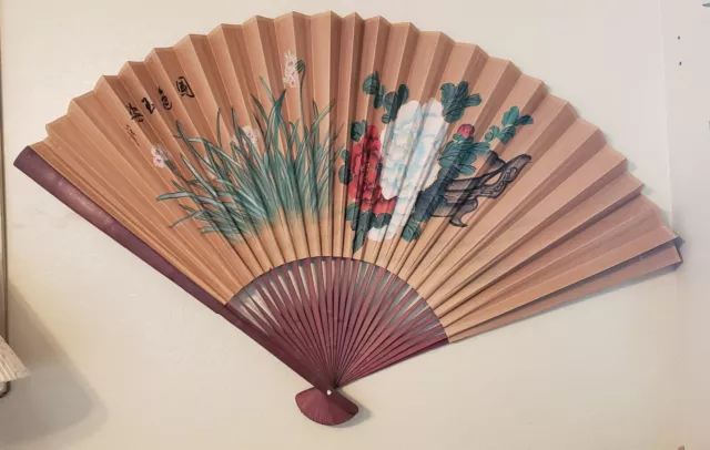 Vtg Lg Folding Fan Chinese Oriental Asian Floral Design Wall Decoration 39 X 62