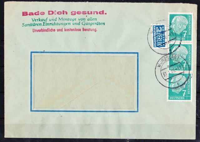 Bund Heuss I, 7 Pf Mi. 181, senkr. 3er-Streifen, Stempel "Würzburg" auf Brief