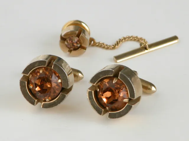 Vtg 60s 70s Cufflinks Gold Tone Peach Crystal Stone Jeweled Cuff Links Tie Pin