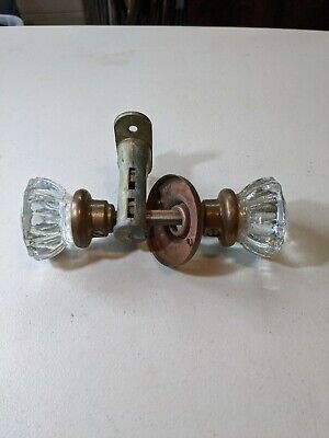 Antique 12 Point Matching Pair Of Crystal Glass & Brass Door Knobs W/Spindle