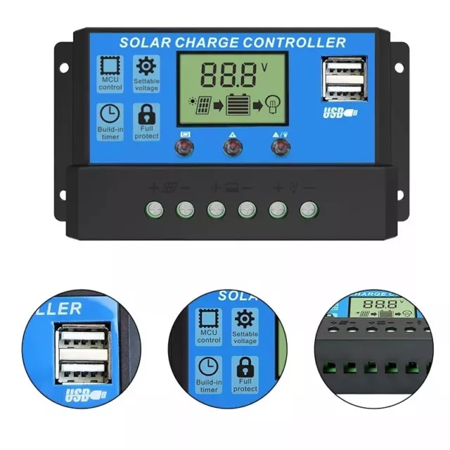 Contrôleur Régulateur de Charge 30A 12V 24V de Panneau Solaire MPPT Port USB LCD