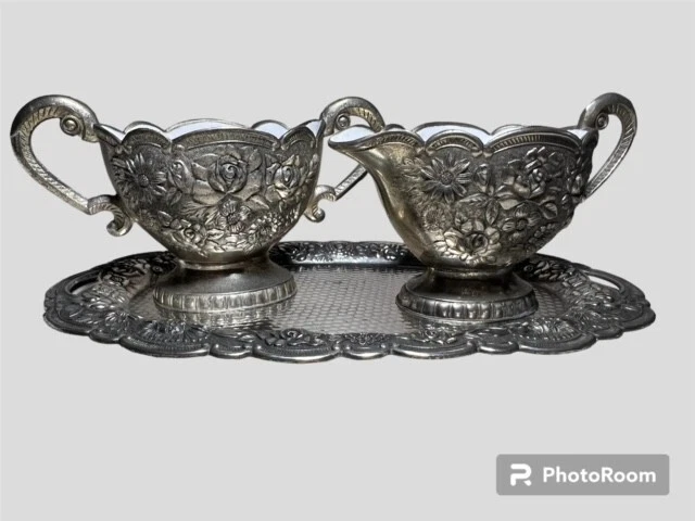 Vintage Ornate Porcelain Lined Silver Plated Cream & Sugar 3 Piece Set with Tray
