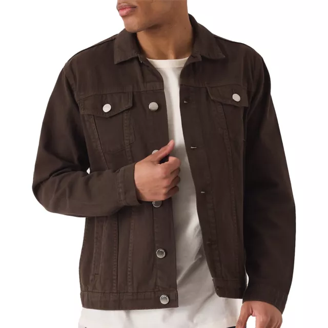 Mens Denim Jacket  Button Up Brown Casual Western Trucker Style Long Sleeve Coat