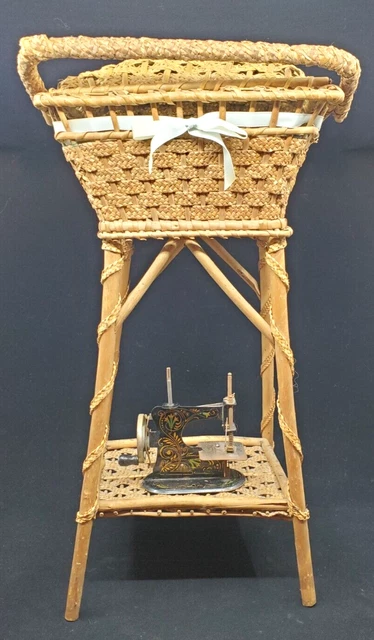 Antique Child's Wicker Sewing Stand With Accessories