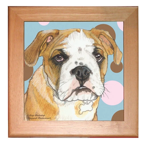 Bulldog Dog Kitchen Ceramic Trivet Framed in Pine 8" x 8"