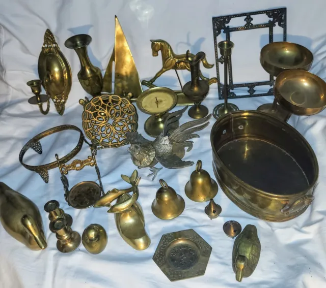 Vintage Brass Lot Animals, Trivet, Candlesticks, Ashtrays, Bells, Containers