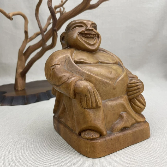 Hand Carved Wooden Buddha Vintage Statue Happy Laughing for Wealth Hotei Pu-Ta