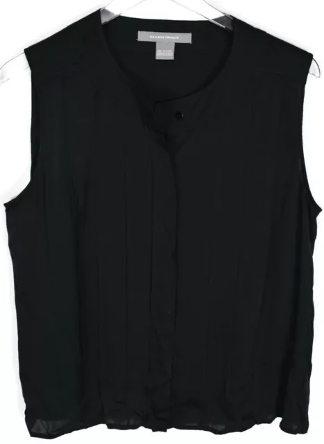 Ellen Tracy Silk Tank Top Button Front Round Neck Sleeveless Pleated Black