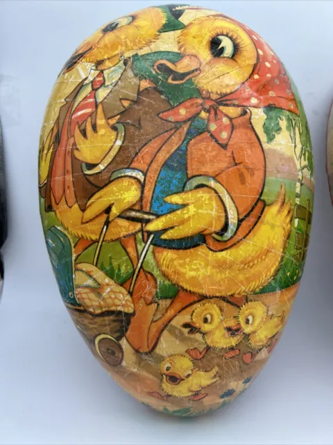 Super large 16 inch vintage German papier-mâché Easter egg duck family graphics