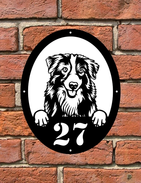 Letrero de placa con número de puerta personalizado con perro 024 pastor australiano