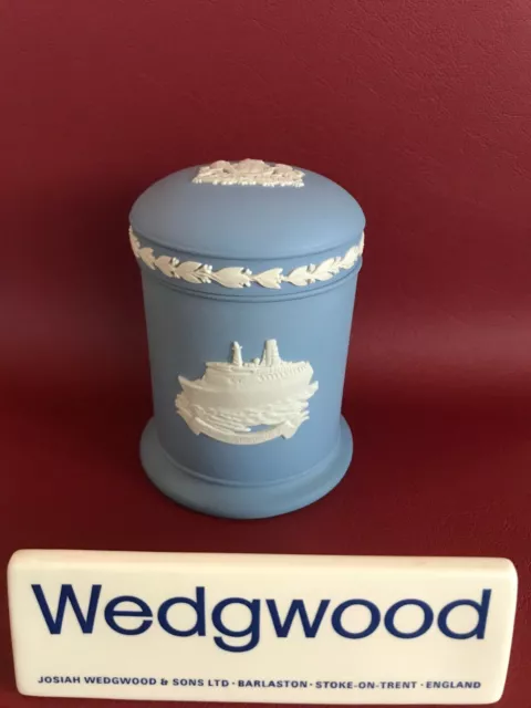 Wedgwood  Blue jasperware QE2 Lidded jar in excellent condition .