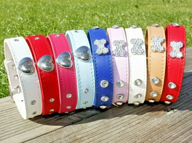 Dog Collars PU Leather Heart Bone Puppy Pink Blue Red Small Medium Diamante Pug