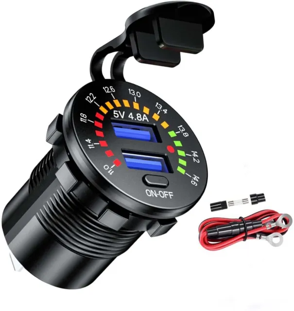 12V QC3.0 Dual USB Car Fast Charger Socket Power Outlet LED Voltmeter Waterproof