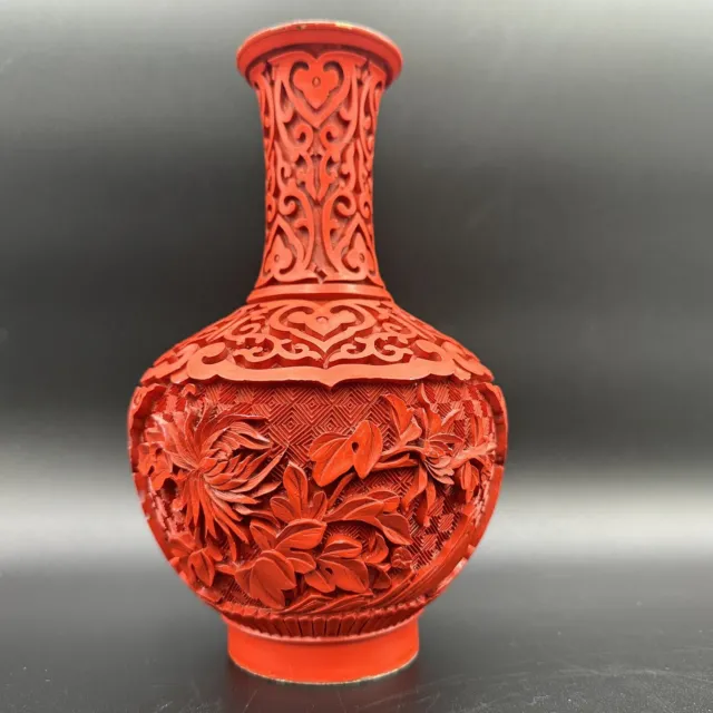 Vintage CHINESE Red Bottle CINNABAR Brass LACQUER Floral CARVED VASE 8”