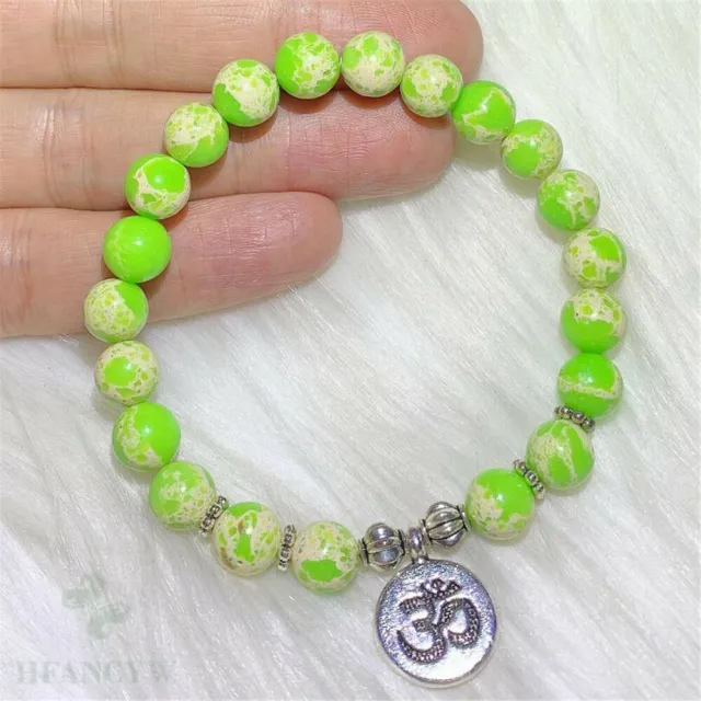 8mm Green Imperial Jasper Beads Mala OM Pendant Bracelet Japa Tibetan Buddhism