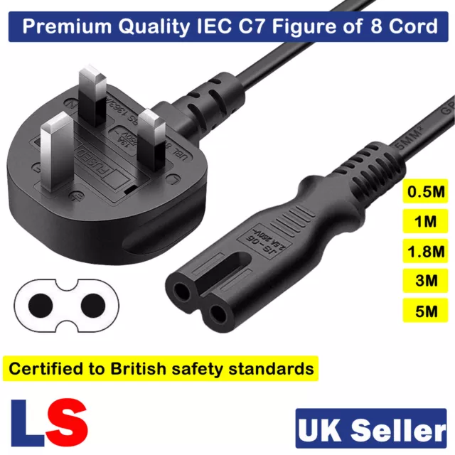 For Samsung Sony TV Figure 8 Eight Mains C7 UK Power Lead Cable 3 Pin Plug Cord