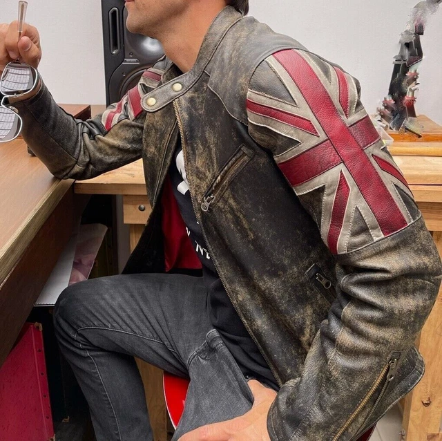 Giacca Uomo Moto Vintage Cafe Racer Union Jack in Pelle d'Agnello Effetti Antivecchiato