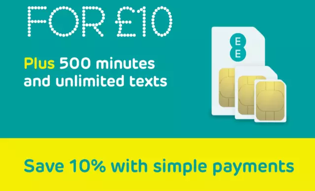 EE Sim Card Pay As You Go £10 Pack 8GB Data Unlimited SMS ONLY 20p at checkout