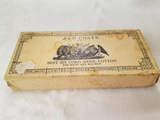 ANTIQUE J&P Coats Black Thread Embossed Wood Spool Cotton Box With Spools