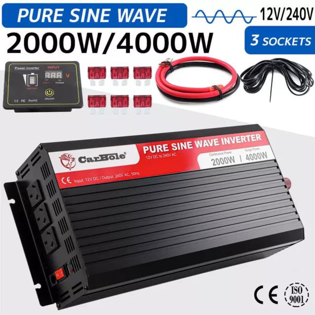 2000W 4000W Pure Sine Wave Power Inverter DC 12V to AC 240V 3AC + Remote Control