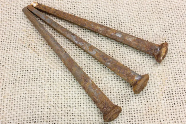 3 Large Old Spikes 4” Barn Nails Rusty Iron Vintage Button Head Crucifixion