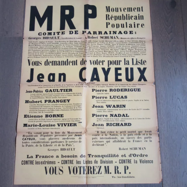 Affiche Ancienne 1950 Mrp Mouvement Républicain Populaire Liste Jean Cayeux