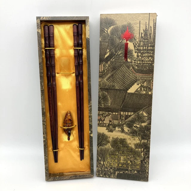 NEW Cherry Wood Chopsticks With a Duck Shaped Rest 2 PAIR In Original Box