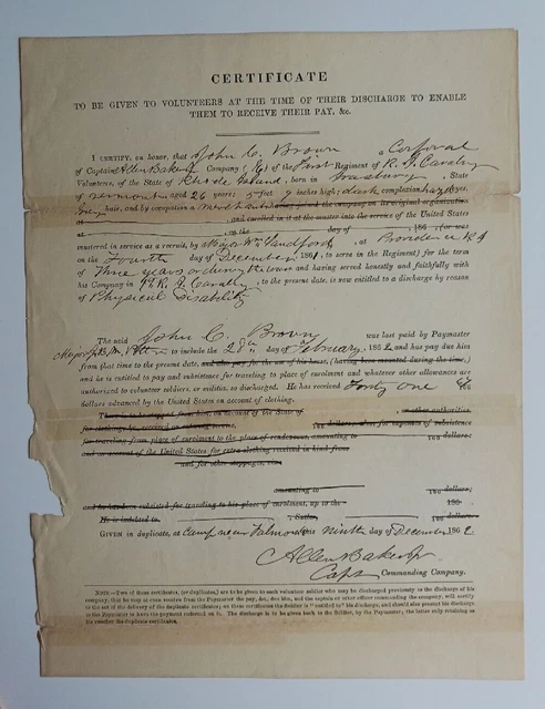 Civil War 1862 DISCHARGE CERTIFICATE: Disabled John C Brown Rhode Island Cavalry Civil War 1862 DISCHARGE CERTIFICATE: Disabled John C Brown Rhode Island Cavalry