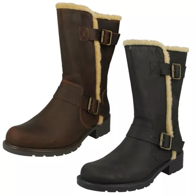 Femmes Clarks Fausse Fourrure Cuir Zip Large mi-Mollet Décontracté Bottes Motard
