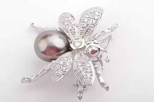 Brosche Nadel Fliege Insekten Brillanten Diamant Tahiti Perle 750 Weiß Gold Ne*